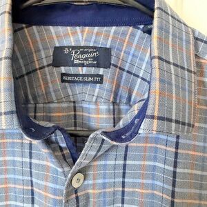 Original Penguin Men's Gray and Orange Plaid Shirt